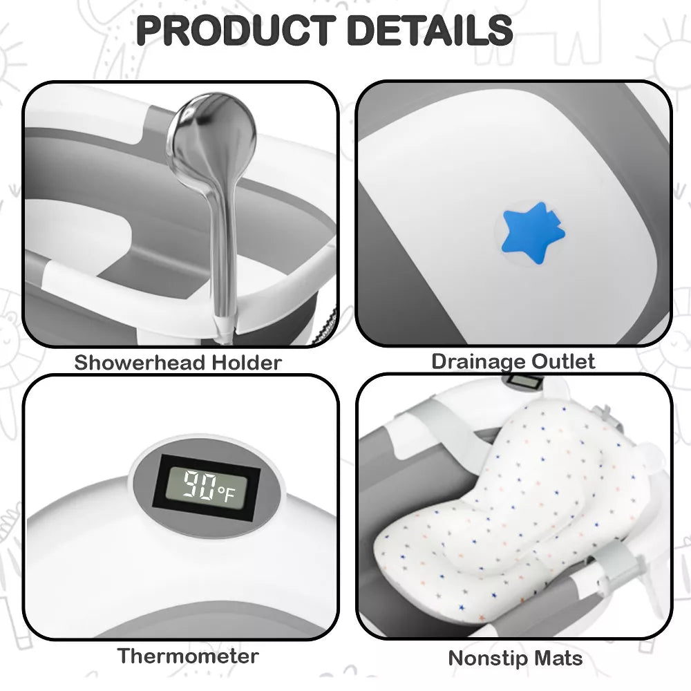 TUMAJUP Collapsible Baby Bathtub for Infants and Toddlers with Soft Cushion and Thermometer-Gray