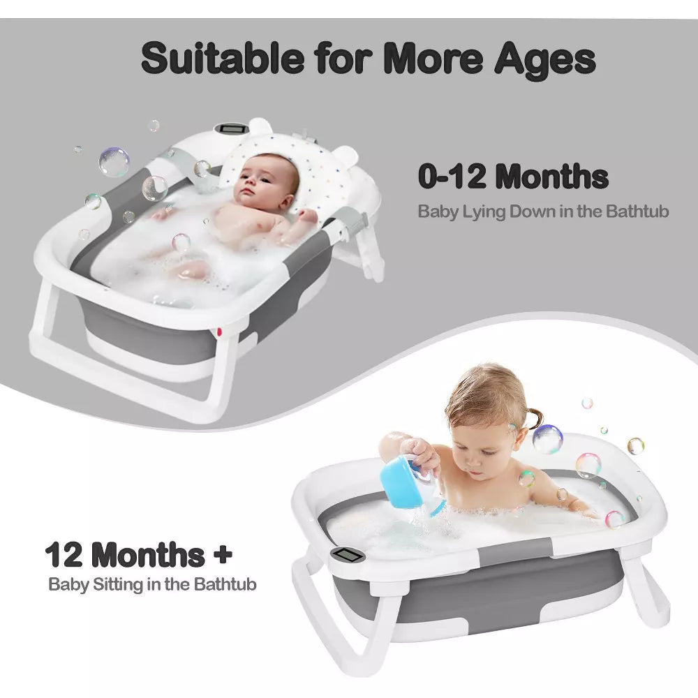 TUMAJUP Collapsible Baby Bathtub for Infants and Toddlers with Soft Cushion and Thermometer-Gray